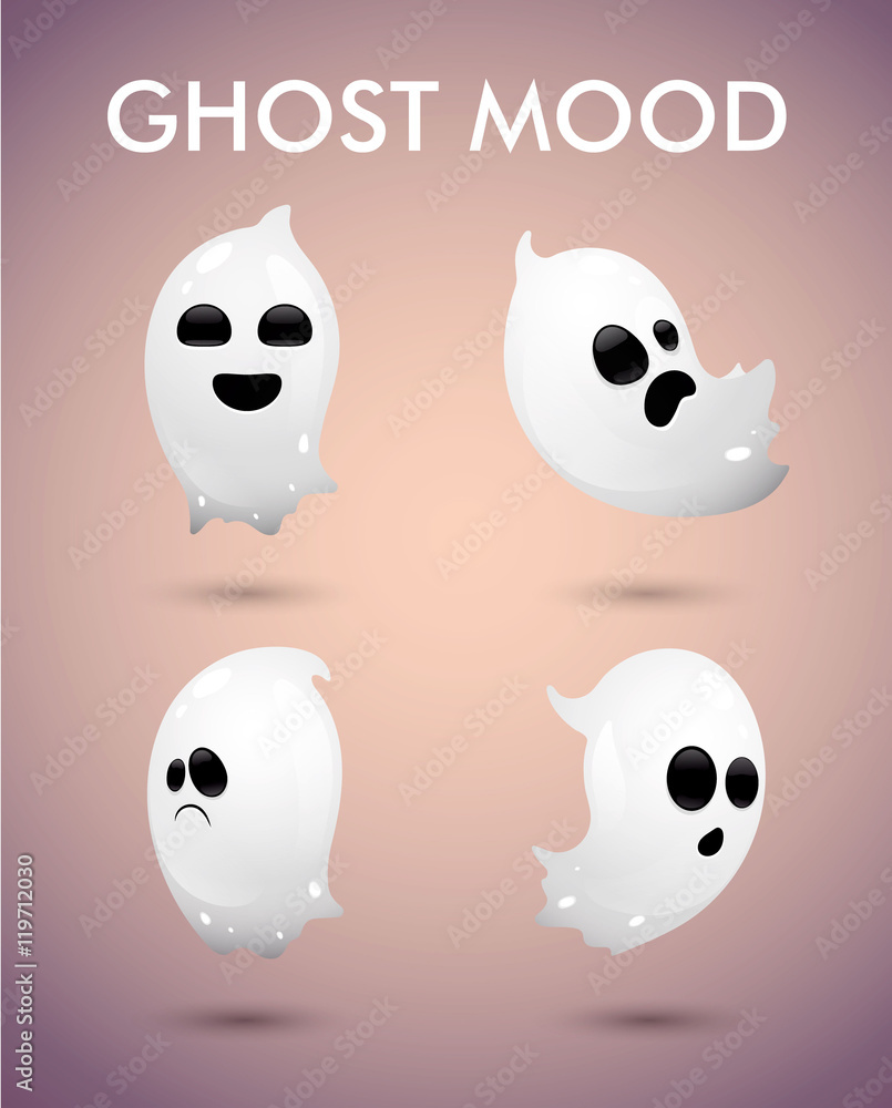 Vector black and white illustration of ghosts. Halloween spirits with different emotions. Vector black and white illustration of ghosts. Halloween spirits with different emotions.