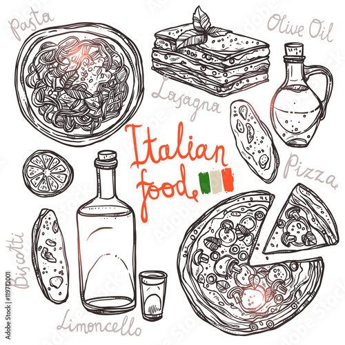 Pizza, Pasta, Lasagna, Olive Oil In Sketch Style. Italian Hand Drawn Food Collection
