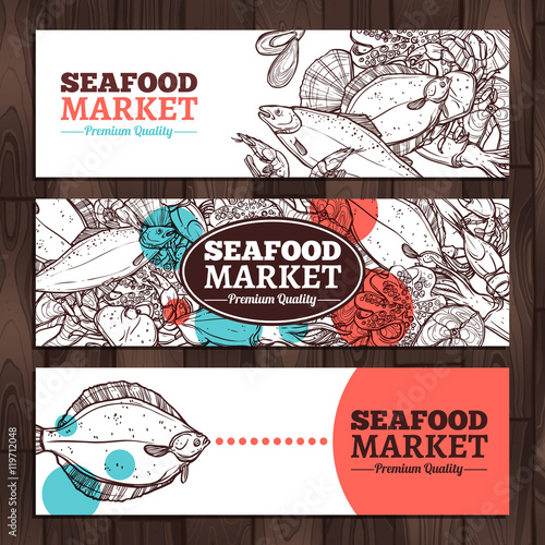 Seafood Market Design. Seafood Banners In sketch Style