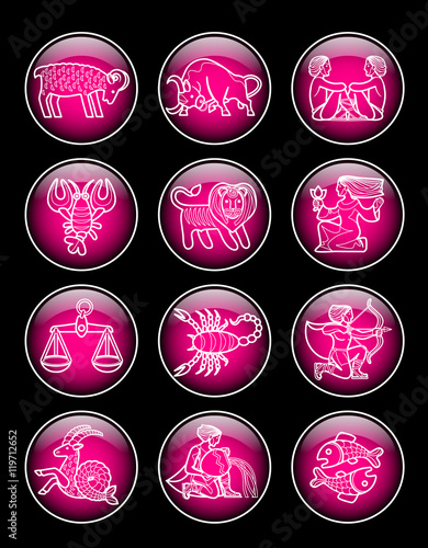 Set of pink glossy round icons with white linear zodiacal symbols