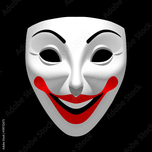 White theatrical smiling mask isolated on black