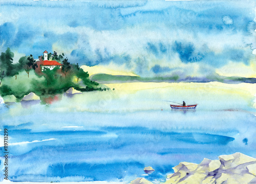 Fototapeta Naklejka Na Ścianę i Meble -  Watercolor painting. Sketch with lake, fisherman in a boat and the house on the shore.
