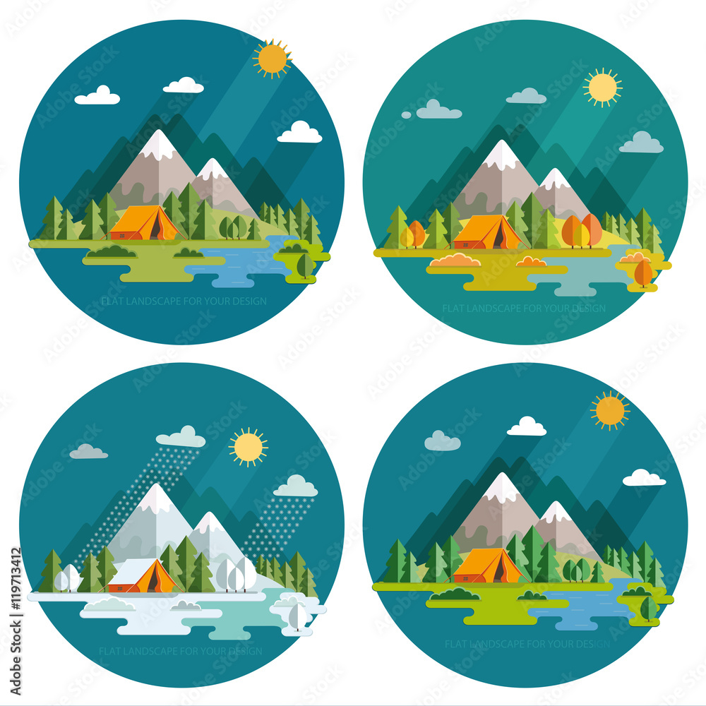 Seasons landscape set. Solitude in nature by the river. Weekend Seasons landscape set. Solitude in nature by the river. Weekend