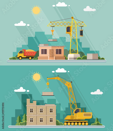 Construction site, building a house. Front apartment house. Flat