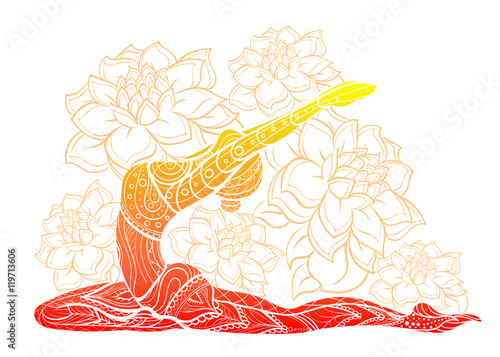 Vector silhouette of yoga woman floral ornament.