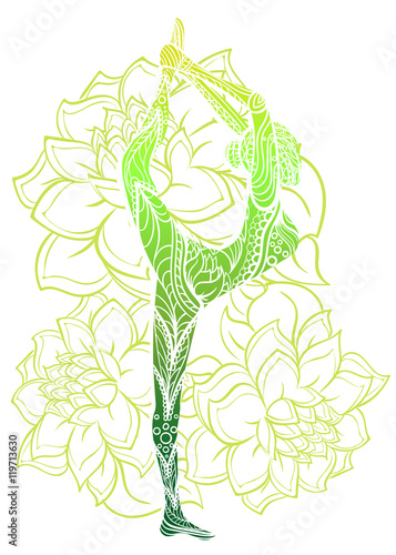 Vector silhouette of yoga woman floral ornament.