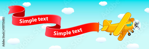 The plane flies in the blue sky with clouds. Fluttering red ribbon. Cartoon vector illustration. Poster.