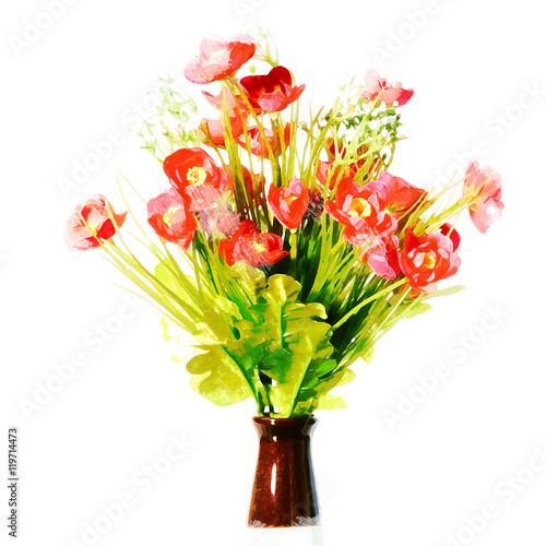 Digital watercolor painting of artificial red flowers in vase