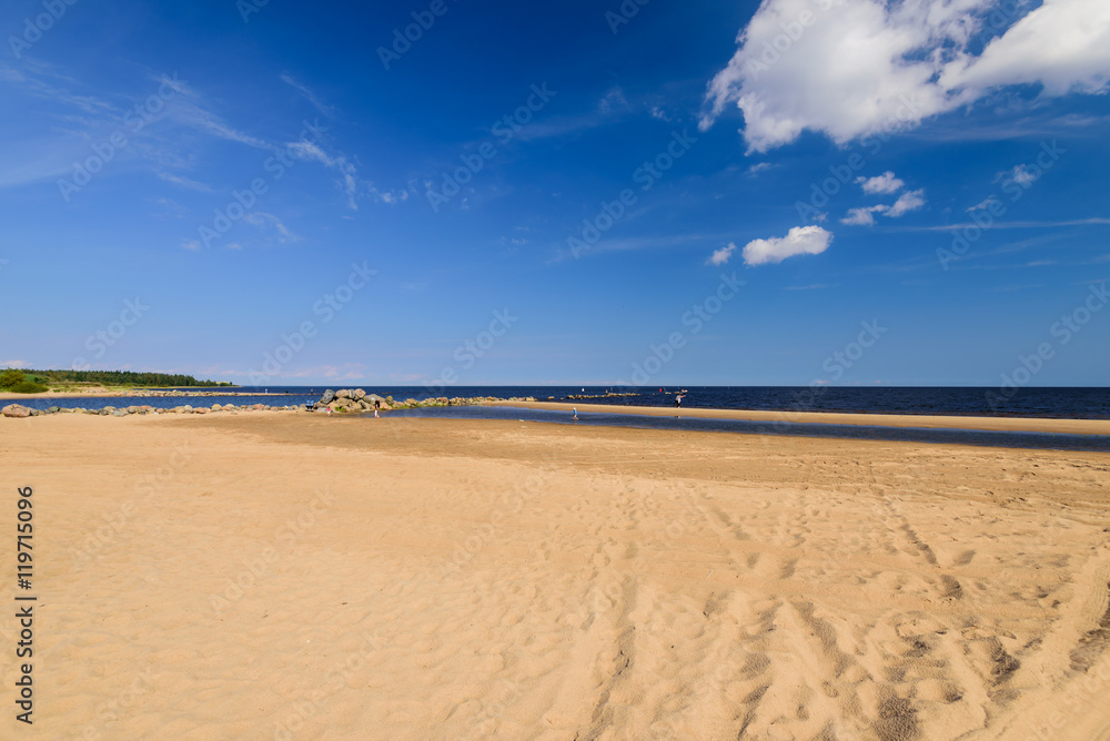 Beautiful sandy beach on the shore of lake Ladoga, Priozersk, Leningradskaya oblast, Russia.