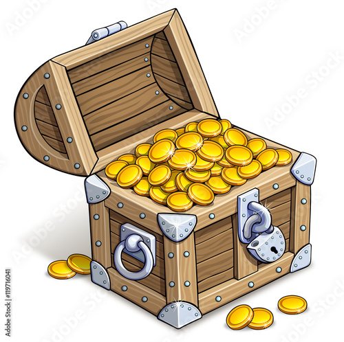 Old chest of gold coins. Vector illustration on white background.