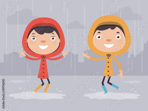 Boy and Girl in Raincoats Playing in the Rain. Flat Design Style. 