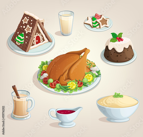 Christmas, thanksgiving, new year. Dinner food dishes illustration color vector White background.