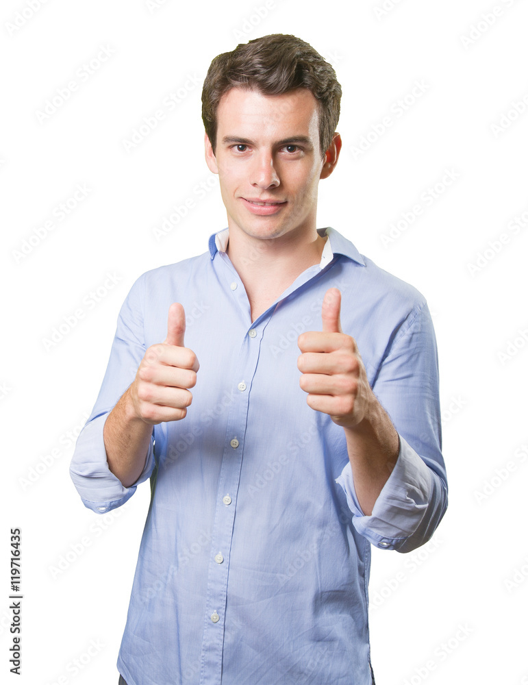 Proud young man with thumbs up on white background Proud young man with thumbs up on white background
