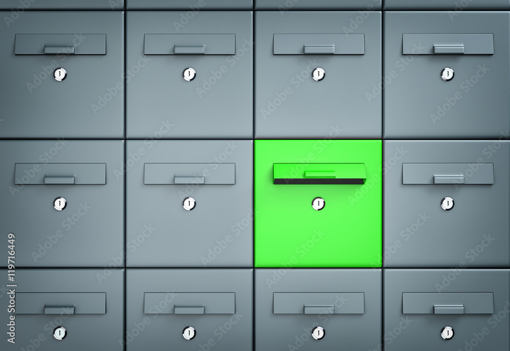 Many mailboxes one of which is green. 3d illustration Many mailboxes one of which is green. 3d illustration
