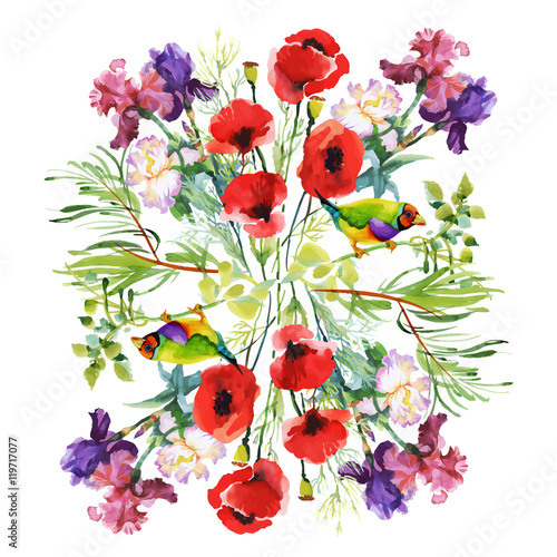 Watercolor hand drawn pattern with summer flowers and exotic birds. © kostanproff