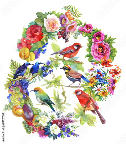 Watercolor hand drawn pattern with summer flowers and exotic birds.