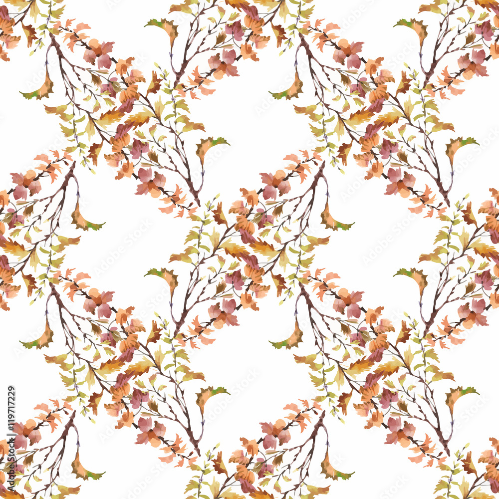 Watercolor seamless pattern on white background with autumn leaves.
