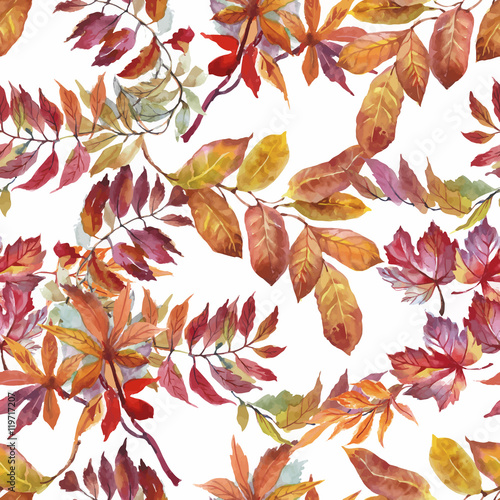 Watercolor seamless pattern on white background with autumn leaves.