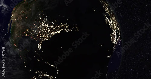 Power Outage / City Blackout / Earth Globe / Earth from Space. Massive power outage blackout strikes USA and Canada. Global energy crisis.