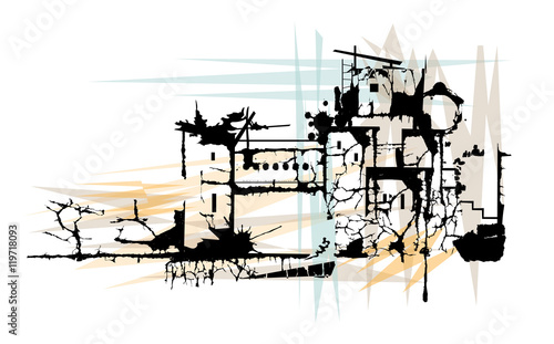 Fototapeta Naklejka Na Ścianę i Meble -  Ruins - Stylized illustration of a town in ruins. Eps10