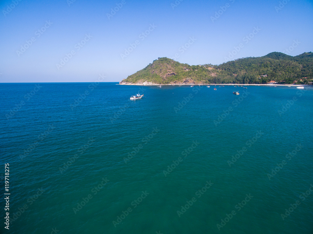 Aerial view of beach with boats, Koh Phangan, Thailand