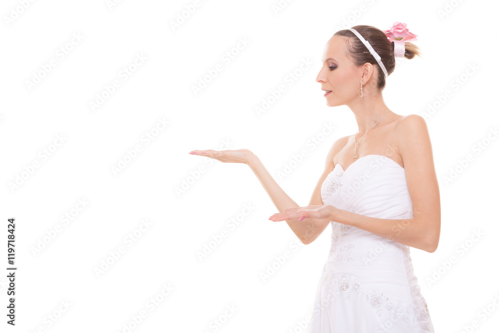 Woman bride in white wedding dress blowing a kiss. Woman bride in white wedding dress blowing a kiss.