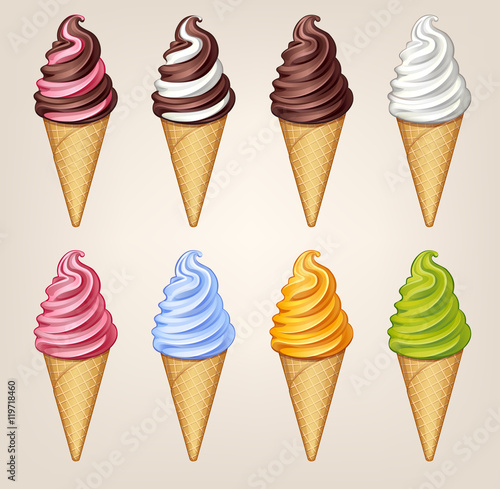 Vector illustration collection of soft ice cream in waffle cone on light background.