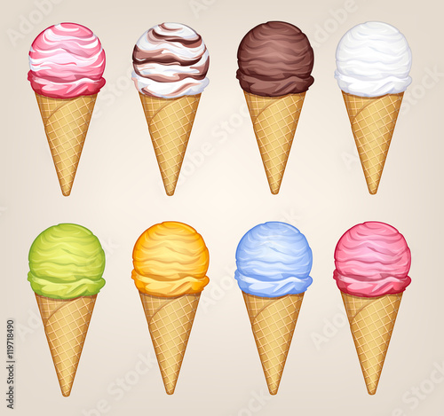 Collection of vector illustrations of ice cream in a waffle cone on a light background.