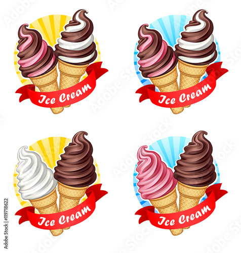 Vector illustration of logo, emblem or label soft ice cream in a waffle cone with a red ribbon on a white background.