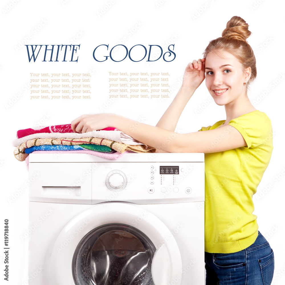 Beautiful girl and a washing machine isolated Beautiful girl and a washing machine isolated