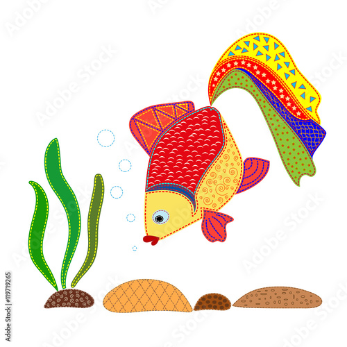 Bright fish among the seaweed and stones. Fish patchwork. Applique fish on white background