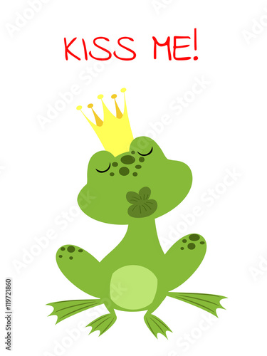 charmed prince frog in a golden crown waiting for a kiss and text Kiss Me