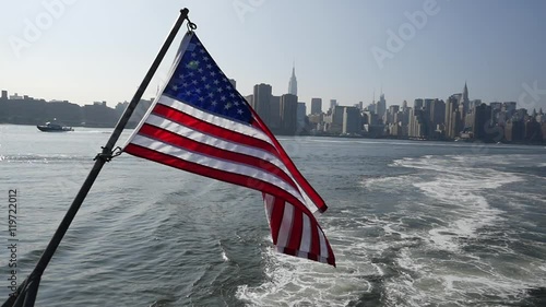 New York skyline and American flag