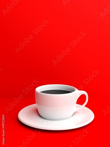 Cup of coffee on red background with copyspace. 3d illustration