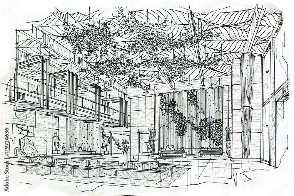 sketch interior perspective lobby, black and white interior design.