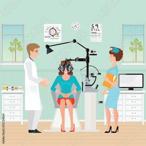 Doctor and patient at Ophthalmologist interior office with Phoro