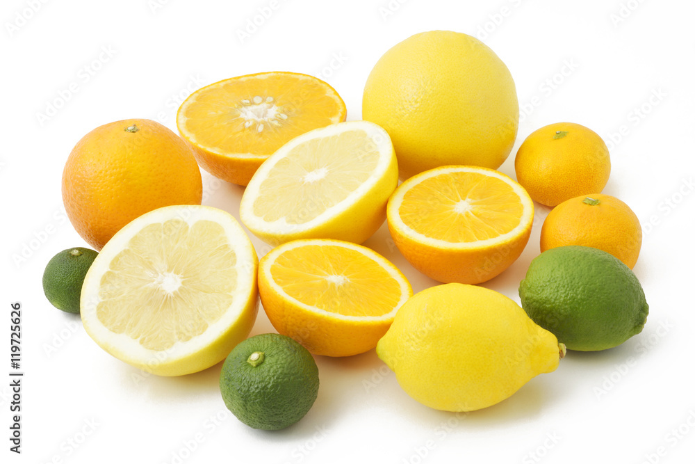 Mixed citrus fruits including lemon, lime, grapefruits, oranges, satsuma oranges, yuzu and sudachi Mixed citrus fruits including lemon, lime, grapefruits, oranges, satsuma oranges, yuzu and sudachi