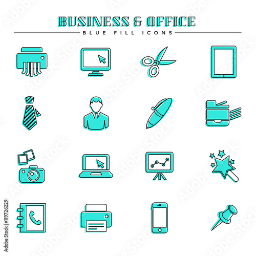 Business and office, blue fill icons set