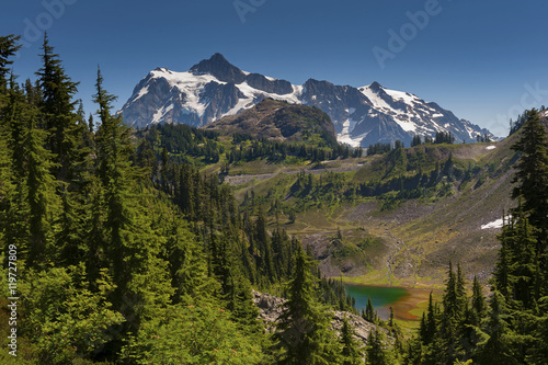 Mt. Shuksan, Washington. Mount Shuksan may be one of the most photographed mountains in the Cascade Range seen here on the Chain Lakes Loop Trail. Mt. Baker National Forest.