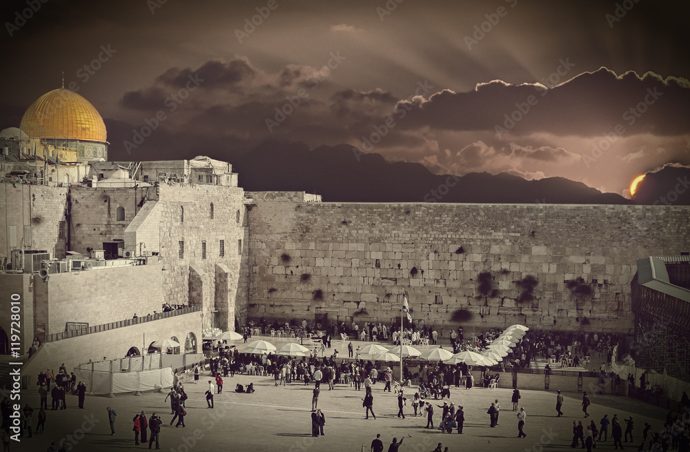 Fototapeta premium Biblical motif in old city of Jerusalem, Israel. Composite image treated with B&W filter