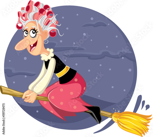 Funny Halloween Witch Flying on a Magic Broomstick