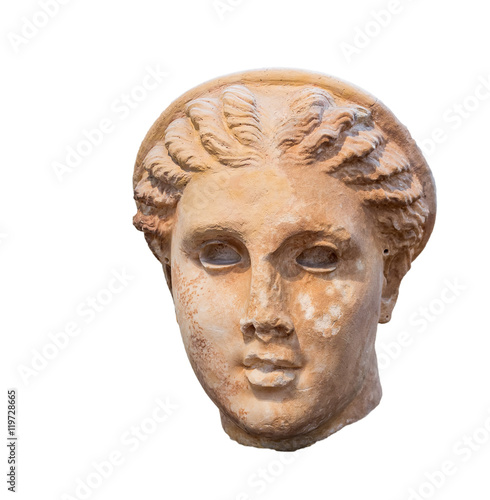 Goddess Artemis head found in Lycosura, Arcadia, ancient Greek sculpture..