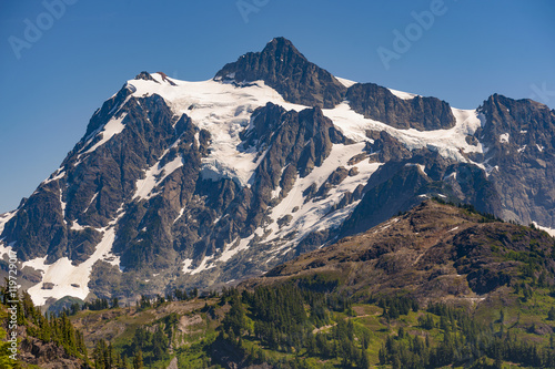 Mt. Shuksan, Washington. Mount Shuksan may be one of the most photographed mountains in the Cascade Range seen here on the Chain Lakes Loop Trail. Mt. Baker National Forest.