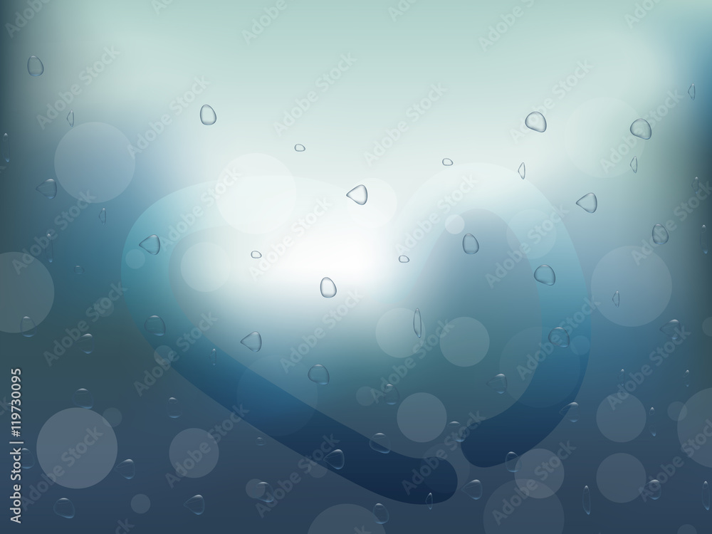 Realistic raindrops on the glass window with heart shape drawing symbol, vector
