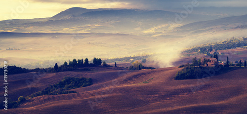 Tuscan autumn landscape,retro colors, vintage