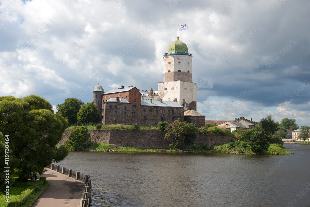 View of the medieval Vyborg castle cloud day in august. Vyborg, Russia