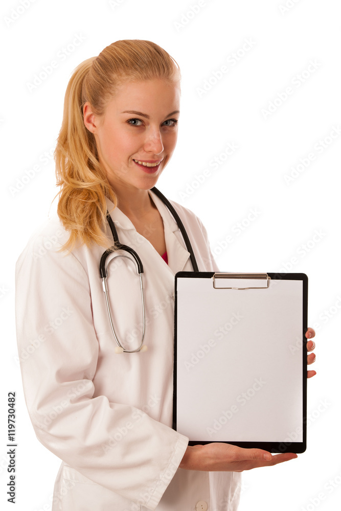 Woman doctor with stethoscope around neck showing clipboard with Woman doctor with stethoscope around neck showing clipboard with
