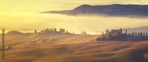 Tuscan autumn landscape,retro colors, vintage