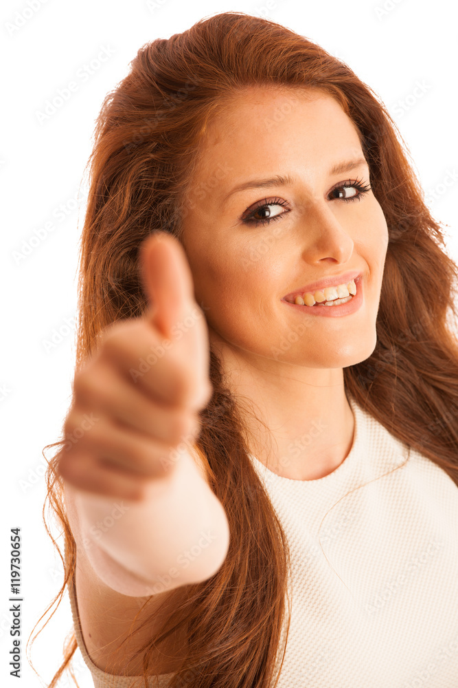 Business woman showing thumb up as a gesture for success Business woman showing thumb up as a gesture for success