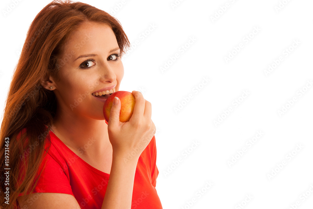 woman eating red apple isolated over white backgoround woman eating red apple isolated over white backgoround